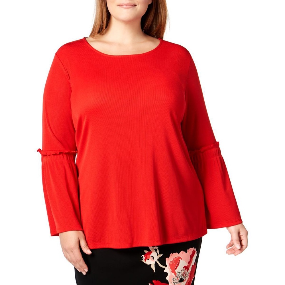 Red casual bell sleeve blouse pullover knit top